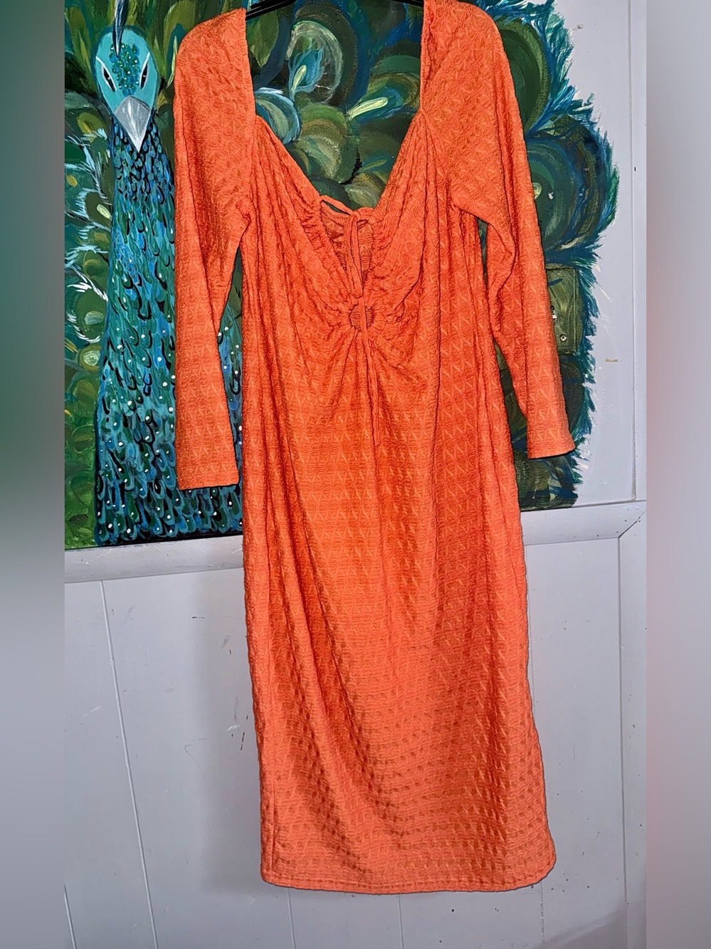 SHEIN Orange Textured Long Sleeve Midi Dress